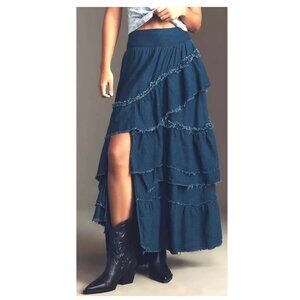 Pilcro Anthropologie Asymmetric Ruffled Tiered Dark Denim Maxi Skirt Size-L